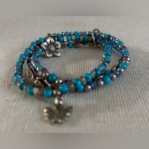 Turquoise Blue Beaded Wrap Bracelet with Silver Charms